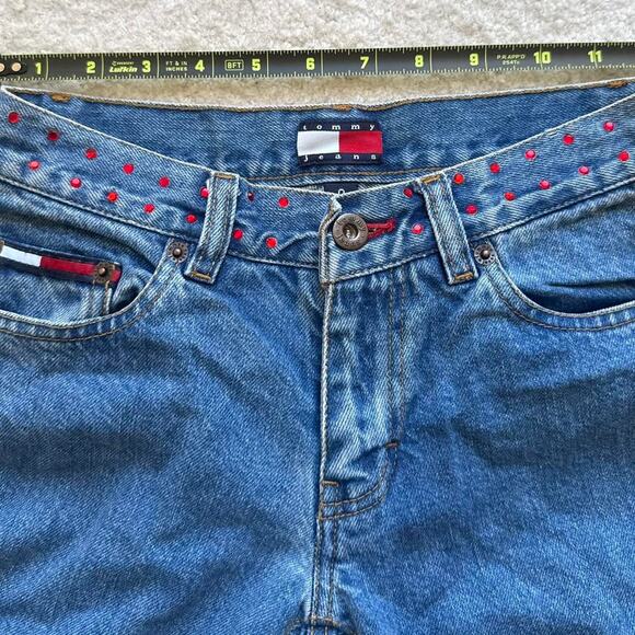 TOMMY JEANS Y2K Low Rise Rhinestone Split Flare Denim Stars Logo Retro Size 0 - Picture 6 of 13